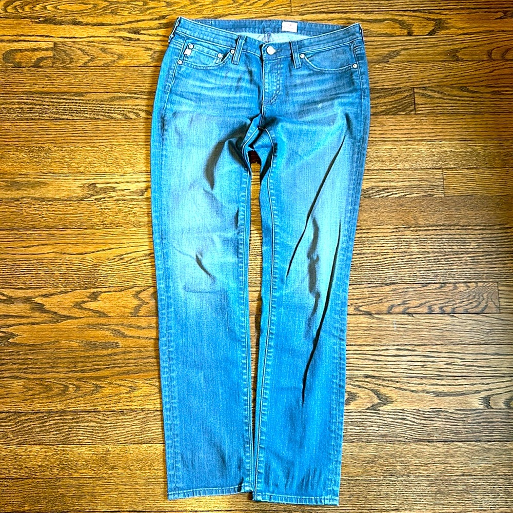 AG jeans. Medium wash, straight leg with 49 button. Size 28R.